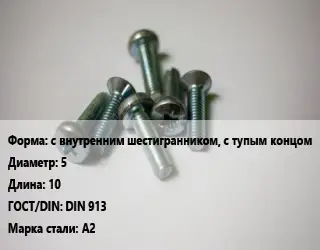 Винт с внутренним шестигранником, с тупым концом 5х10 DIN 913 Сталь: А2